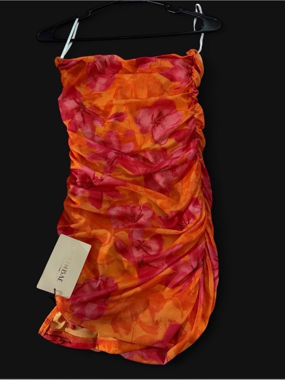 SHEIN Orange & Pink Floral Ruched Strapless Mini Dress